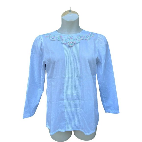Vtg Bedford Fair Blouse Pastel Flower Collar Embroidery Secretary 80s Modest - Picture 4 of 10